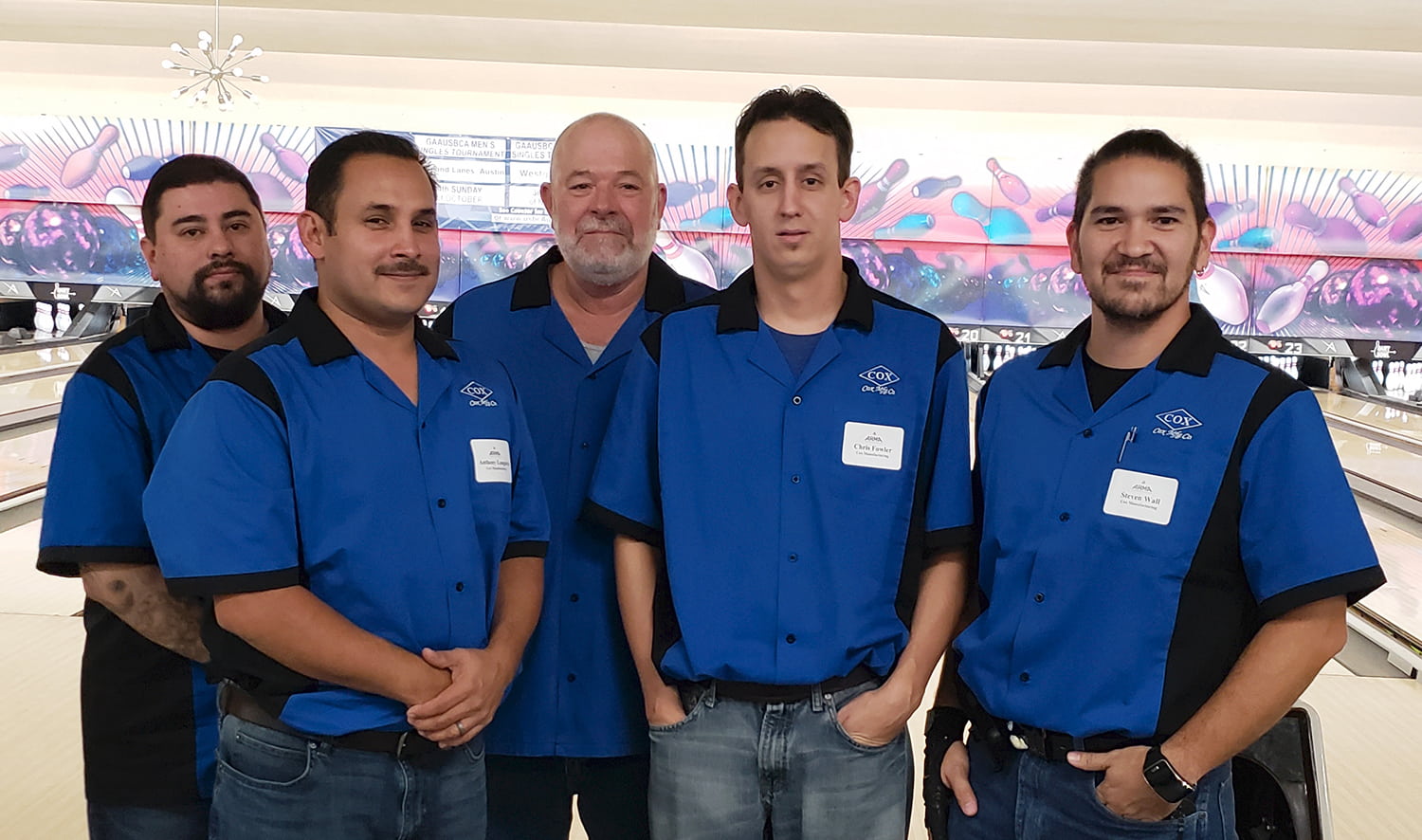 The Cox Mfg Champion Bowling Team (left to right: Ygnacio "Nacho" Gutierrez, Anthony Longoria, Wes Landers, Christopher Fowler, and Steven Wall).