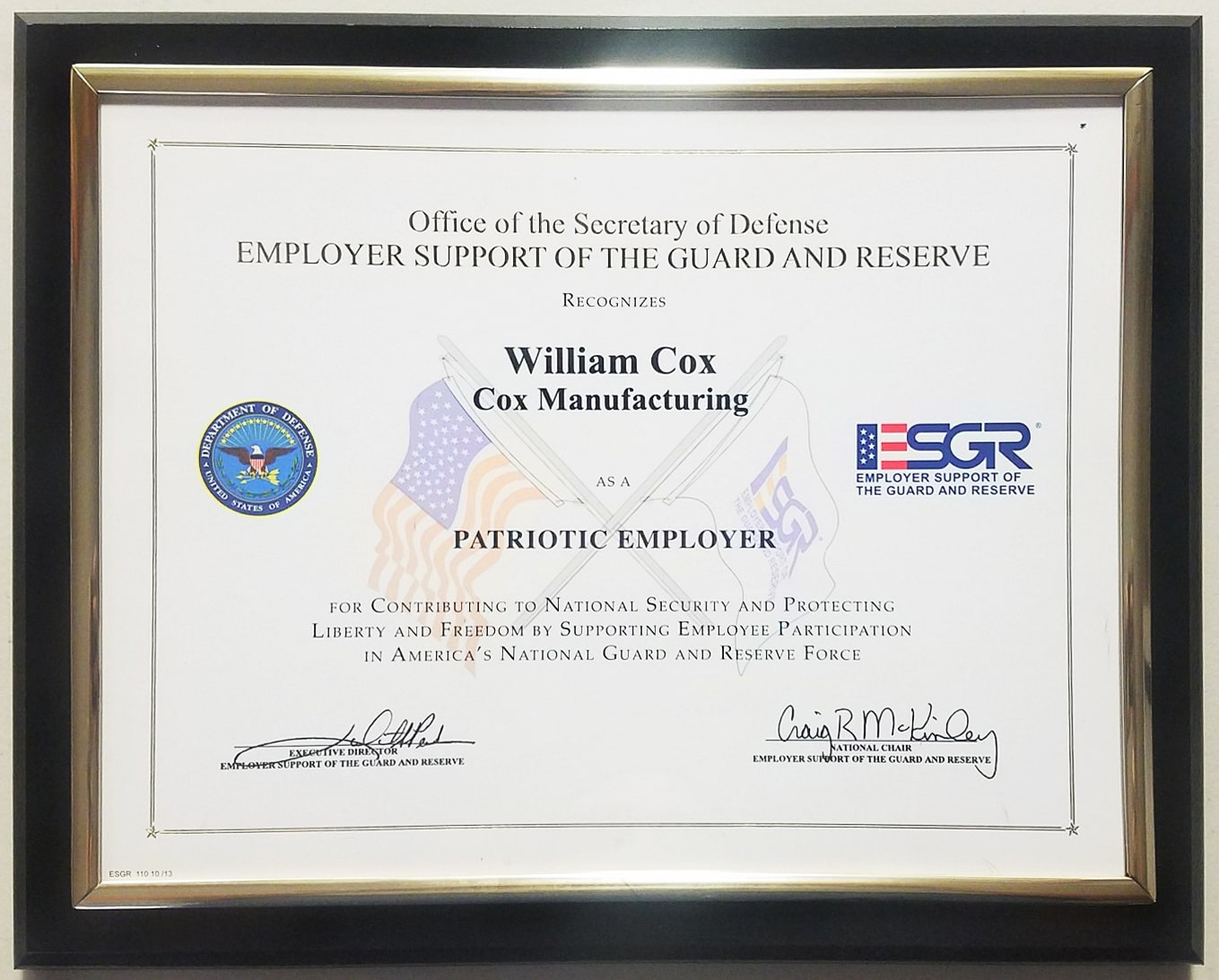 Office of the Secretary of Defense Employer Support of the Guard and Reserve recognizes William Cox as a Patriotic Employer.